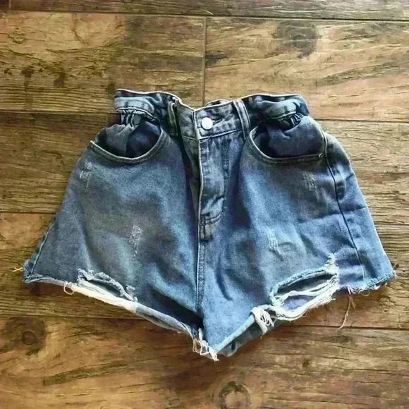 VEVERET DENIM HIGH WAISTED SHORT SHORTS PAPERBAG STYLE WAIST JUNIORS LARGE - Picture 1 of 4